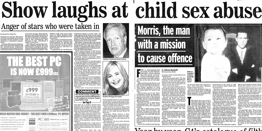 'Show laughs at child sex abuse'. The Daily Mail, Saturday 28th July 2001 - Pages 6 and 7