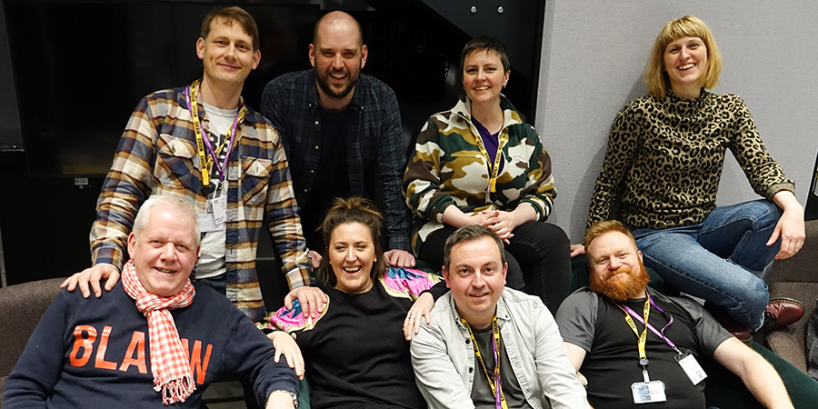 Bravo Two Charlies. Image shows left to right: PC Dennis Babb (Martin Trenaman), PC Lee Cushion (Rhys Ap Trefor), Mark Henry Davies, PC Wendy Bevan (Laura Dalgleish), PC Gavin Howells (Sion Pritchard), Sian (Sarah Breese), Sgt Price (Simon Holland Roberts), PC Grace Williams (Rhian Green)