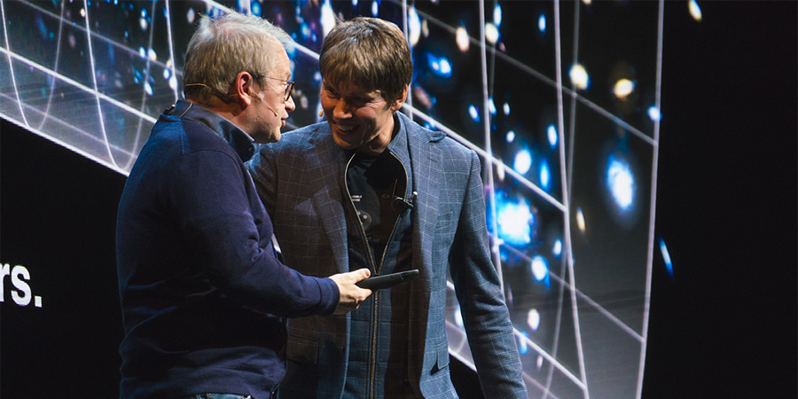 Brian Cox Live. Image shows from L to R: Robin Ince, Brian Cox