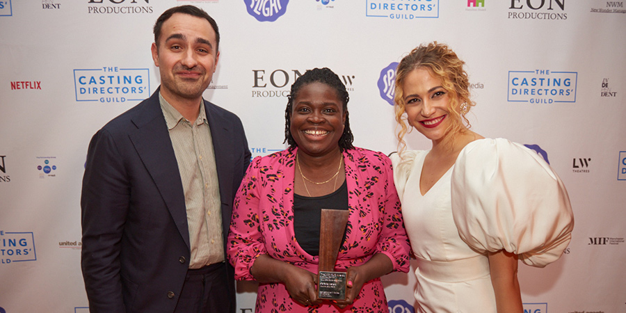 Casting Directors' Awards 2022. Image shows from L to R: Jamie Demetriou, Aisha Bywaters, Pixie Lott
