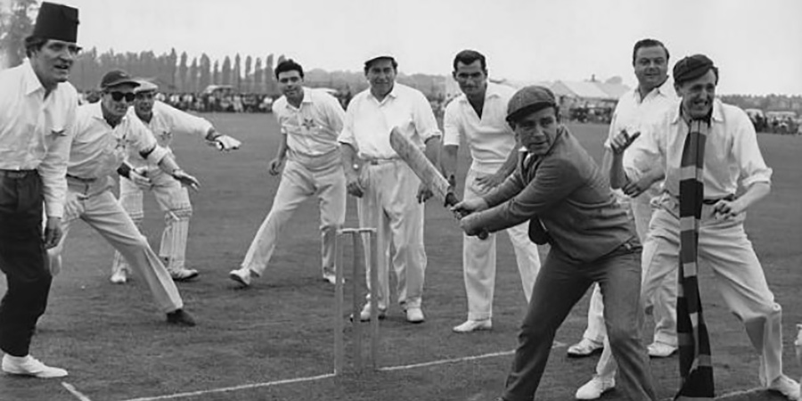 Comedians including Tommy Cooper and Tony Hancock playing cricket