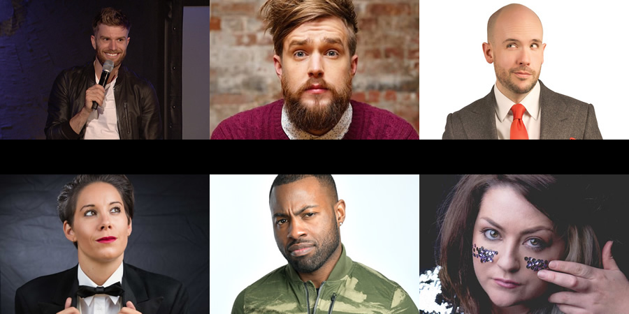 Image shows from L to R: Joel Dommett, Iain Stirling, Tom Allen, Suzi Ruffell, Darren Harriott, Kiri Pritchard-McLean