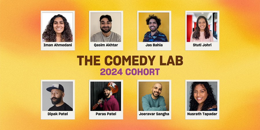 The Comedy Lab - 2024 Cohort. Image shows left to right: Iman Ahmedani, Dipak Patel, Qasim Akhtar, Paras Patel, Jas Bahia, Joeravar Sangha, Stuti Johri, Nusrath Tapadar