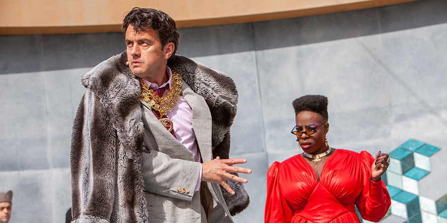 Guy Lewis as Antipholus of Syracuse and Toyin Ayedun-Alse as Courtesan in the Royal Shakespeare Company's production of The Comedy of Errors at the Lydia & Manfred Gorvy Garden Theatre in Stratford-upon-Avon earlier this year. Photo by Pete Le May.. Copyright: Pete Le May