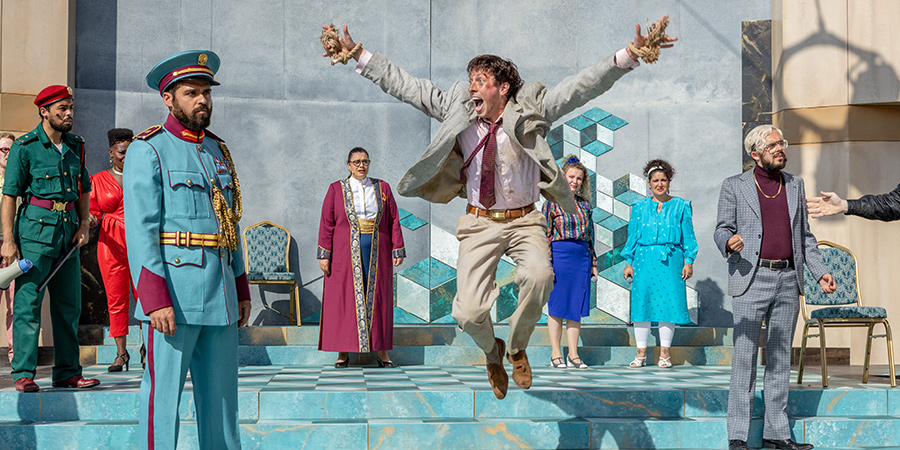 Nicholas Prasad as Duke Solinus and Rowan Polonski as Antipholus of Ephesus in the Royal Shakespeare Company's production of The Comedy of Errors at the Lydia & Manfred Gorvy Garden Theatre in Stratford-upon-Avon earlier this year. Photo by Pete Le May.. Copyright: Pete Le May