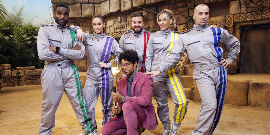 The Crystal Maze. Image shows from L to R: Ore Oduba, Vicky Pattison, Richard Ayoade, Alex Brooker, Lydia Rose Bright, Louie Spence. Copyright: Channel 4 Television Corporation