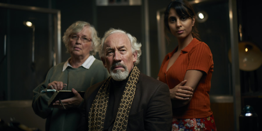 The Dead Room. Image shows from L to R: Susan Penhaligon, Simon Callow, Anjili Mohindra. Copyright: BBC