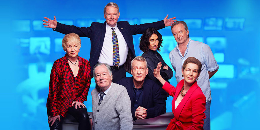 Drop The Dead Donkey: The Reawakening!. Image shows left to right: Ingrid Lacey, Jeff Rawle, Robert Duncan, Stephen Tompkinson, Susannah Doyle, Victoria Wicks, Neil Pearson