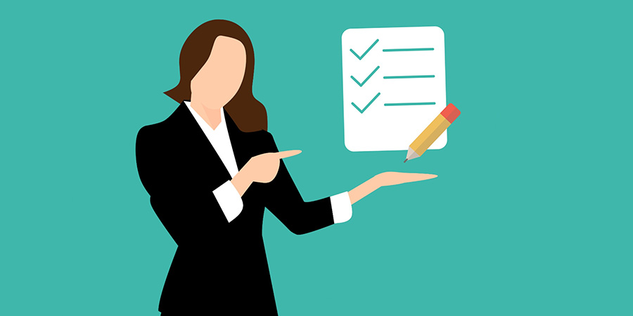 A female figure presenting a checklist of tasks
