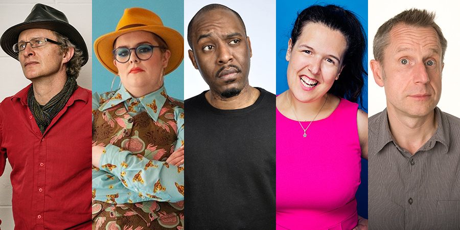 Image shows from L to R: Simon Munnery, Jayde Adams, Dane Baptiste, Rosie Jones, Jeremy Hardy