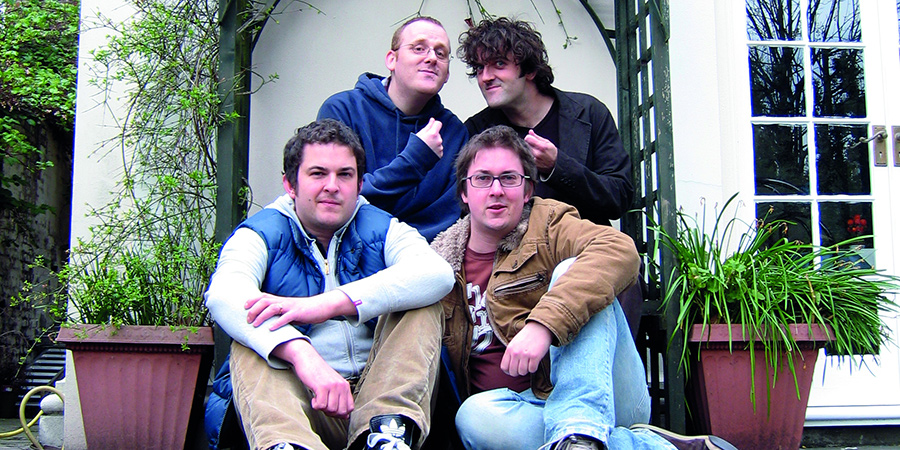 Framley Examiner authors. Image shows from L to R: Alex Morris, Robin Halstead, Joel Morris, Jason Hazeley