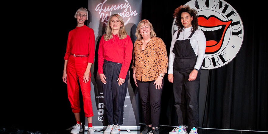 Funny Women Stage Award 2020 finalists with Lynne Parker. Image shows from L to R: Eryn Tett, Izzy Askwith, Lynne Parker, Mary O'Connell