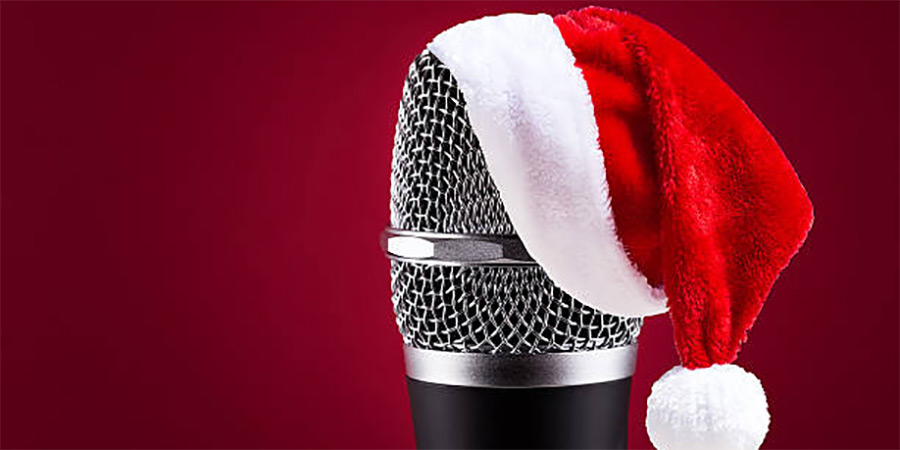 Microphone with festive hat on it