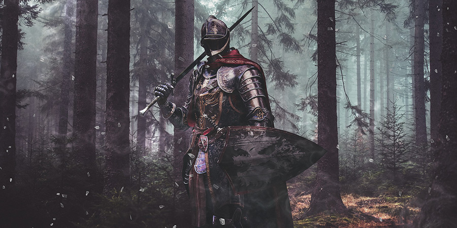 A knight in armour in a forest