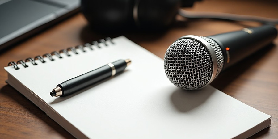 Microphone next to a notepad Microphone next to a notepad