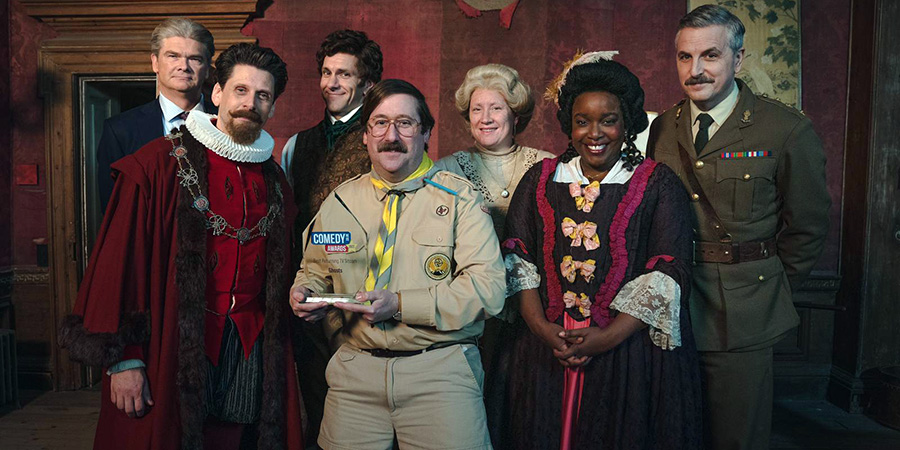 Ghosts. Image shows left to right: Julian (Simon Farnaby), Robin (Laurence Rickard), Thomas (Mathew Baynton), Pat (Jim Howick), Lady Button (Martha Howe-Douglas), Kitty (Lolly Adefope), Captain (Ben Willbond)