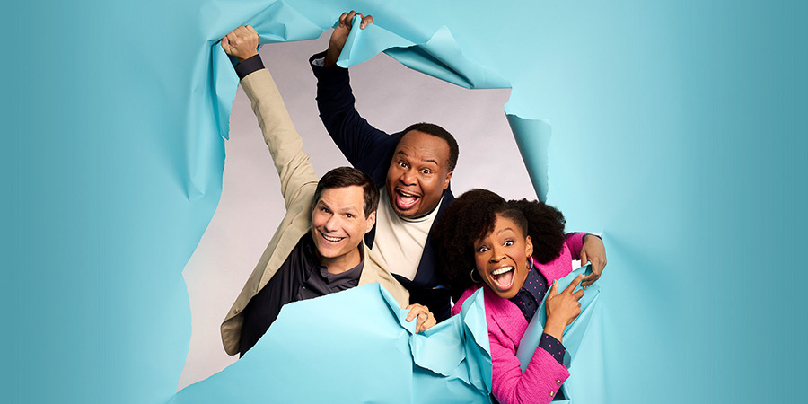 Have I Got News For You USA. Image shows left to right: Michael Ian Black, Roy Wood Jr, Amber Ruffin