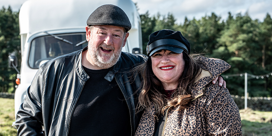 Johnny Vegas: Carry On Glamping. Image shows from L to R: Johnny Vegas, Beverley Dixon