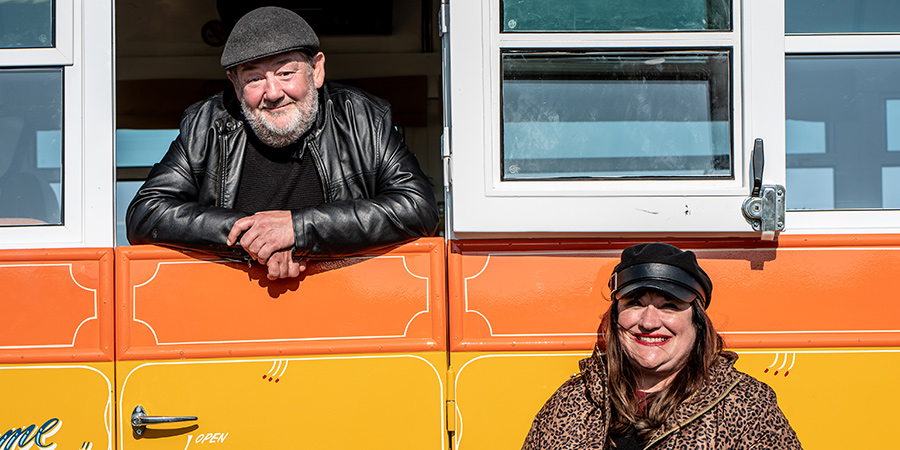 Johnny Vegas: Carry On Glamping. Image shows from L to R: Johnny Vegas, Beverley Dixon