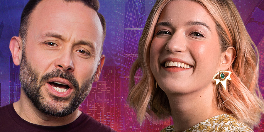 Late Night Mash: The Podcast (Yes We've Got One Too). Image shows from L to R: Geoff Norcott, Olga Koch. Copyright: Zeppotron, UKTV