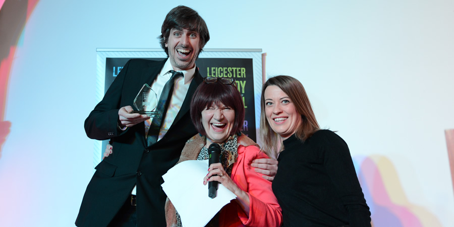 Darren Walsh wins Leicestershire's Favourite Joke at Leicester Comedy Festival Awards 2019. Image shows from L to R: Darren Walsh, Janice Connolly