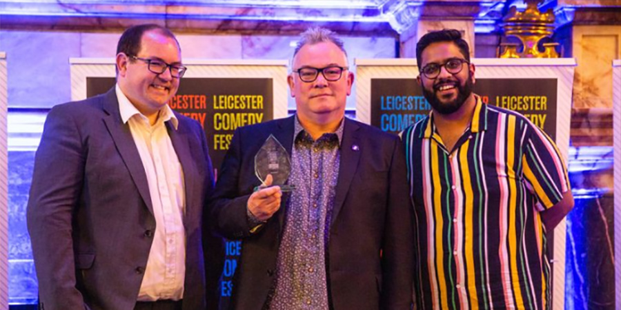 Leicester Comedy Festival Awards 2022. Image shows from L to R: Michael Harris-Wakelam, Stewart Lee, Eshaan Akbar