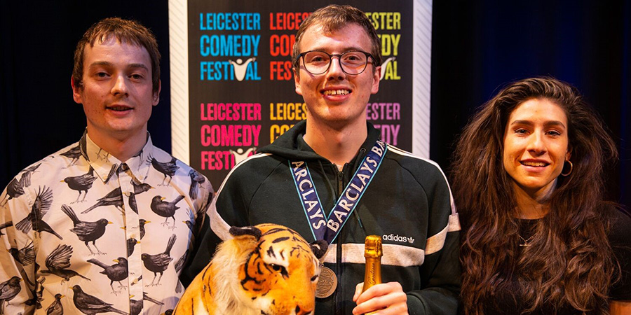 Leicester Mercury Comedian Of The Year 2020. Image shows from L to R: Matt Bragg, Eric Rushton, Louise Young