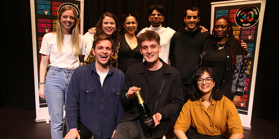 Leicester Mercury Comedian of the Year 2023. Image shows left to right: Freya McGhee, Mary Flanigan, Vittorio Angelone, Josephine Lacey, Daniel Petrie, Rahul Somia, Sergi Polo, Shalaka Kurup, Sikisa. Credit: Crosscut Media