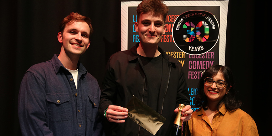 Leicester Mercury Comedian of the Year 2023. Image shows left to right: Vittorio Angelone, Daniel Petrie, Shalaka Kurup. Credit: Crosscut Media