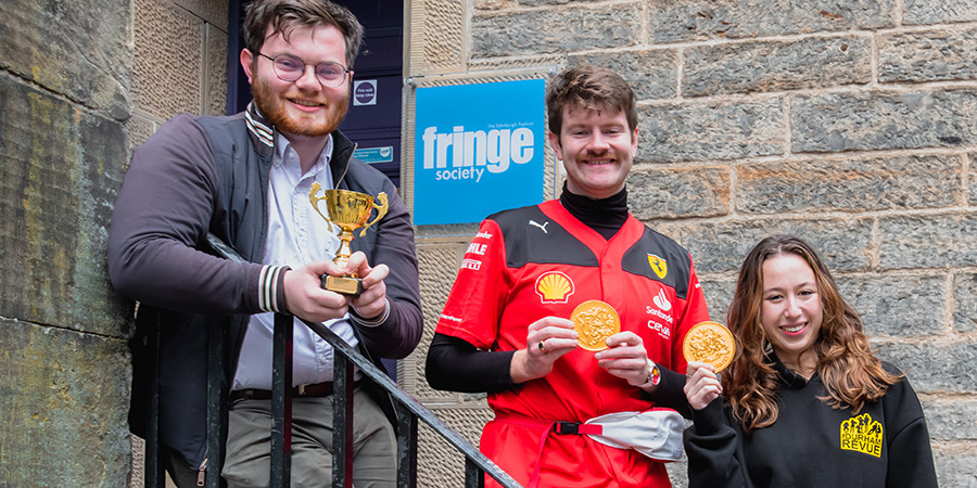 Low Effort Sketches Ed Fringe Mario Kart Tournament 2024. Image shows left to right: Ewan Woods, Tom Whiston, Melissa Redman