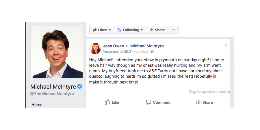 Michael McIntyre fan Jessica Owen's Facebook post