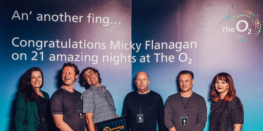 Micky Flanagan awarded the keys to the O2. Picture shows from left to right: Gillian Kelly (O2 Venue Manager), Christian Knowles (Manager), Micky Flanagan, Ian Coburn (Promoter), Barry Jepson (Tour Manager), Zoe Swindells (O2 Programming Manager). Copyright: Luke Dyson