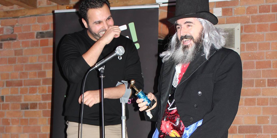 Count Evil - Midlands Comedy Awards. Image shows from L to R: Moses Ali Khan, Paul Palmer. Copyright: Pete Prodge