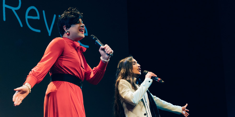 The Dragprov Revue at The Musical Comedy Awards 2019. Image shows from L to R: Ed Scrivens, Francesca Forristal. Copyright: Elina Kansikas