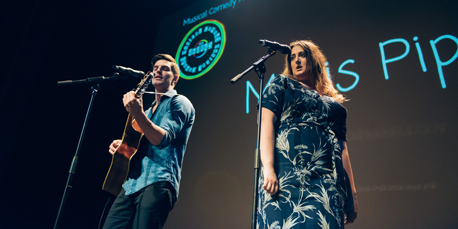 Maris Piper at Musical Comedy Awards 2019. Image shows from L to R: Daniel Fraser, Bex Hinds. Copyright: Elina Kansikas