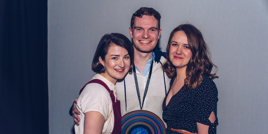 Stiff & Kitch win Musical Comedy Awards 2018 final. Image shows from L to R: Rhiannon Neads, James Taylor, Sally O'Leary. Copyright: Elina Kansikas