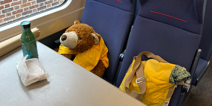 Kuan-Wen Huang's large teddy, Nounours, on board a train