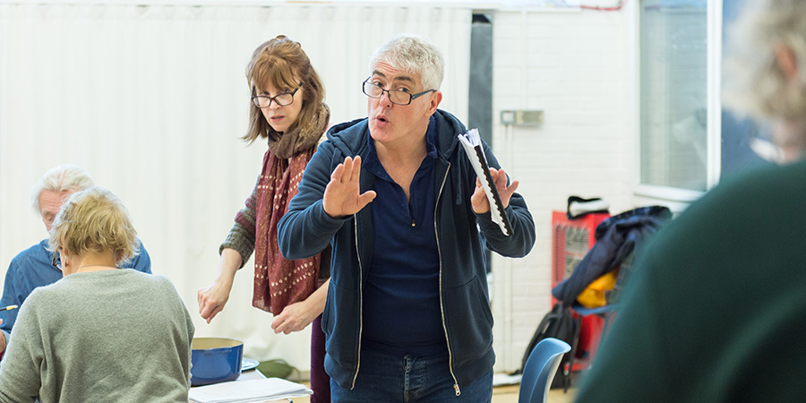 Rehearsing the play Octopus Soup. Nick Hancock