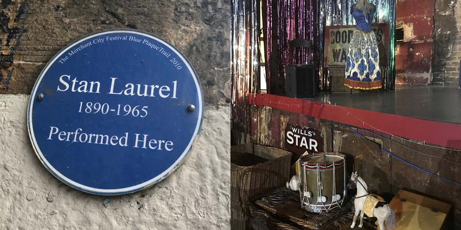 Panopticon music hall, and a blue plaque which says 'Stan Laurel 1890-1965 performed here'