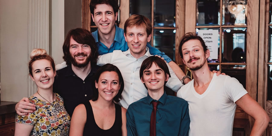 The Parentheticals. Image shows from L to R: Natalie Ruginis, Joe Colgan, Gilead Amit, Kate Oswald, Guillaume Desqueyroux, Brendan Way, Sean Toole. Copyright: Sean Toole