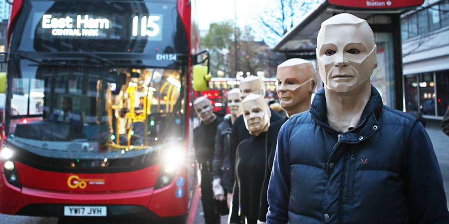 Red Dwarf fans dressed as the character Kryten make their way to a special screening in London. Copyright: Joe Pepler / PinPep