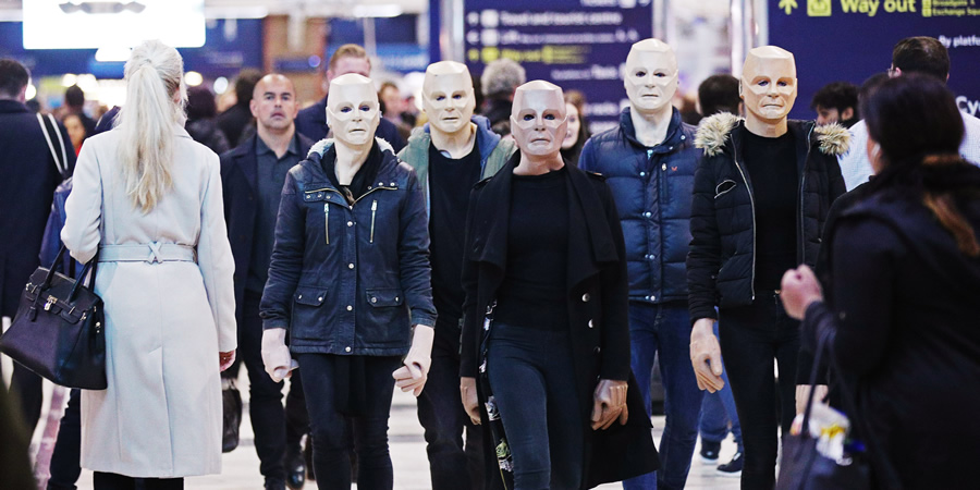 Red Dwarf fans dressed as the character Kryten make their way to a special screening in London. Copyright: Joe Pepler / PinPep