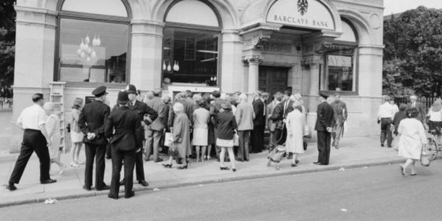 Barclays Bank scene as Reg Varney prepares to withdraw cash