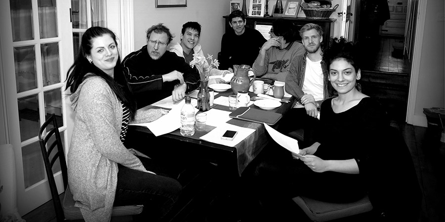 Release The Clowns Sketch Comedy Podcast. Image shows from L to R: Amy Holmes, Nick Hildred, Marco Chiu, Jonathan Thake, Alex Marion, Tim Keeling, Leni Pikrodafnis. Copyright: Monika Marion