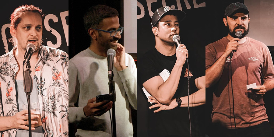 Roast Battle London Championship 2025. Image shows left to right: Peter Bazely, Joshua Bethania, Ken Grinell, James Mileham