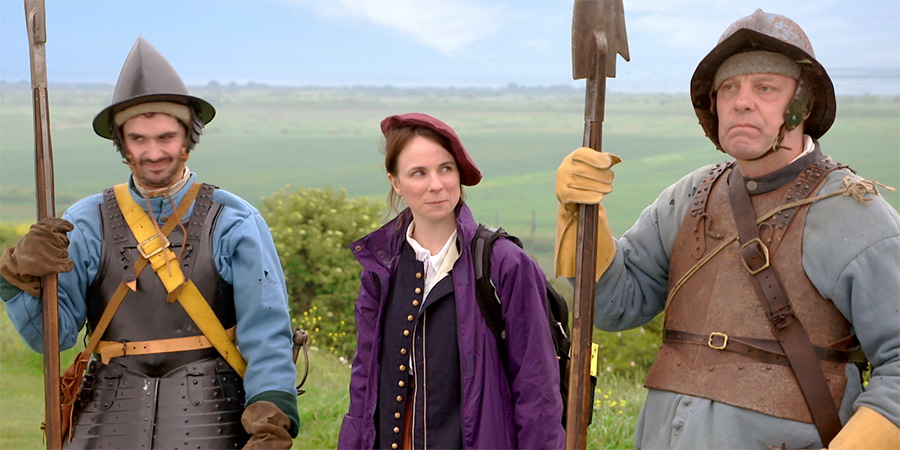 Roundheads And Cavaliers. Image shows from L to R: Alex Carter, Cariad Lloyd, David Schaal