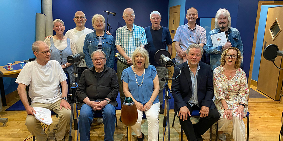 The Roy Huddlines pick-ups session at The Soundhouse 28 June 2023. Image shows left to right: Richard Clegg, Debbie Hudd, Nick Revell, Carol Smith, Chris Emmett, Alison Steadman, Tony Hare, Jon Culshaw, Dave Dixon, Martin Booth, Dirk Maggs, Kate Harbour. Credit: Dirk Maggs