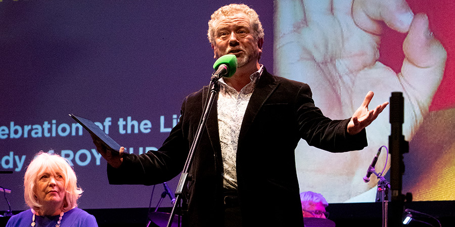 The Roy Huddlines live recording at The Sondheim Theatre on 14 May 2023. Image shows left to right: Alison Steadman, Jon Culshaw. Credit: Andy Hollingworth