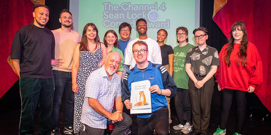 Sean Lock Comedy Award 2023. Image shows left to right: Mamoun Elagab, Mike Rice, Alex Bertulis-Fernandes, Lorna Rose Treen, Bill Bailey, Kuan-Wen Huang, Eric Rushton, Tadiwa Mahlunge, Kyrah Gray, Lily Webb, Christopher Macarthur-Boyd, Anna Thomas