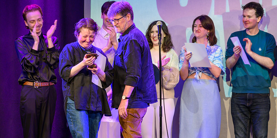 Leicester Square Theatre Sketch Off! 2023. Image shows left to right: Derek Mitchell, Ellie BW, Stepan Mysko von Schultze, David Hardcastle, Charlie Vero-Martin, Lorna Rose Treen, Andrew Doherty. Credit: Steve Ullathorne